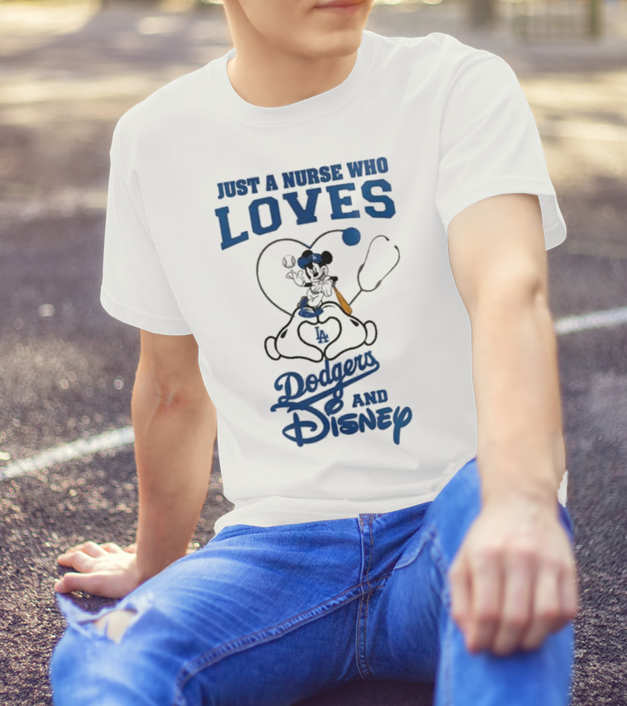 Just A Nurse Who Loves Dodgers And Disney Mickey Mouse Baseball T-Shirt
