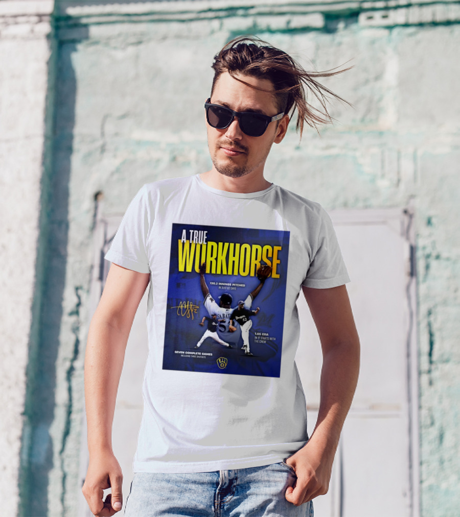 A True Workhorse Milwaukee Brewers CC Sabathia 130.2 Innings 82 Days 1.65 ERA Seven Complete Games Signature T-Shirt