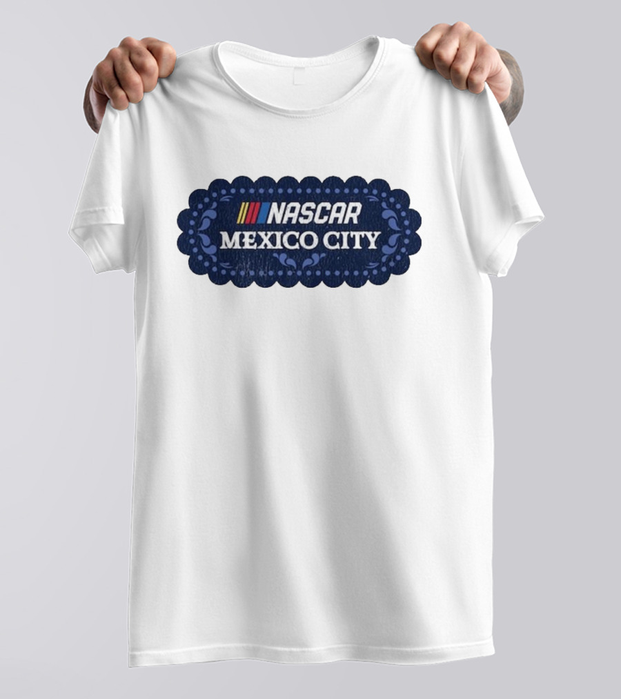 NASCAR Mexico City Scalloped Emblem With Colorful Stripes On Blue Background T-Shirt
