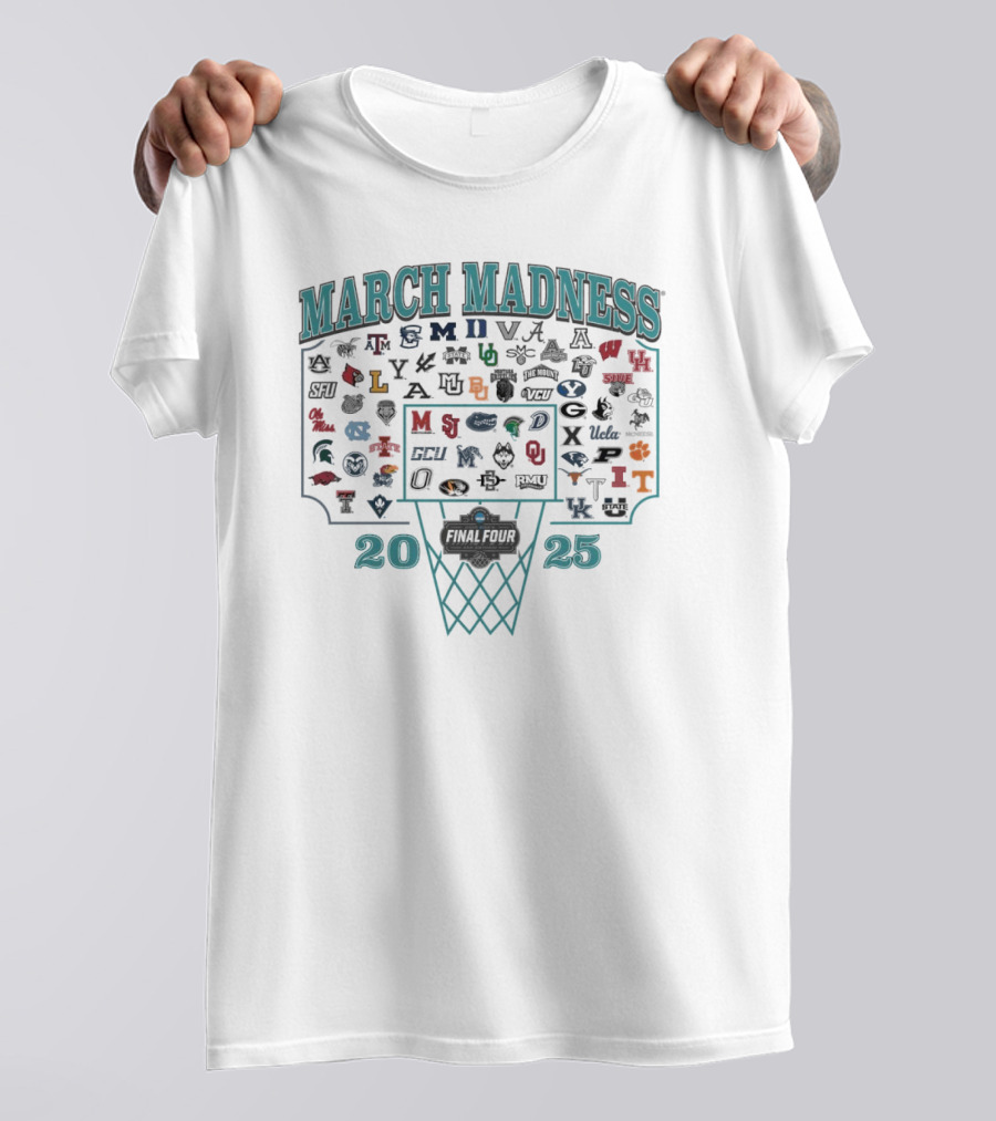 NCAA 2025 March Madness Basketball Tournament Team Logos And Hoop T-Shirt