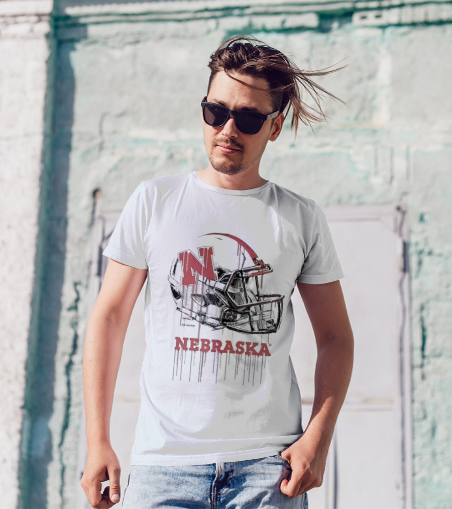 Nebraska Huskers N Dripping Football Helmet T-Shirt
