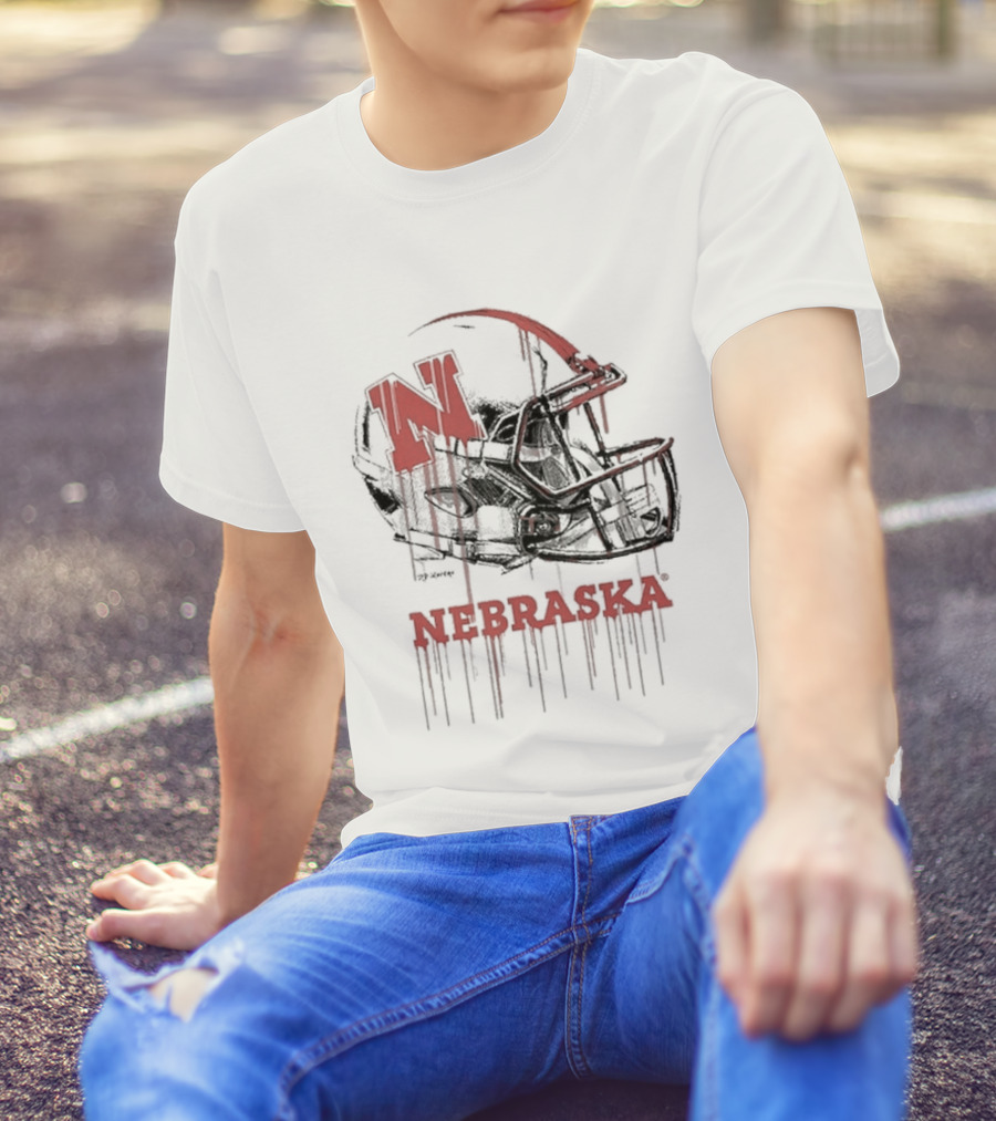 Nebraska Huskers N Dripping Football Helmet T-Shirt
