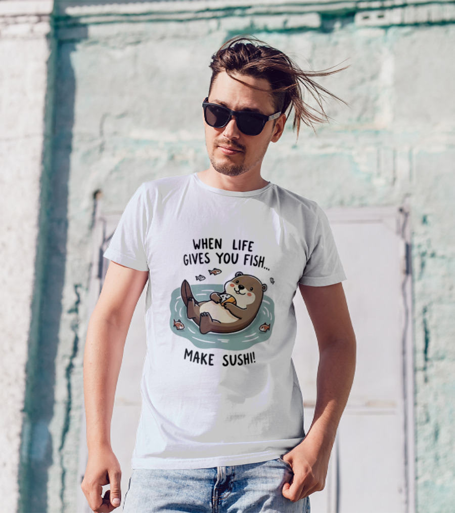 Otter When Life Gives You Fish Cute Floating Otter Eating Illustration T-Shirt