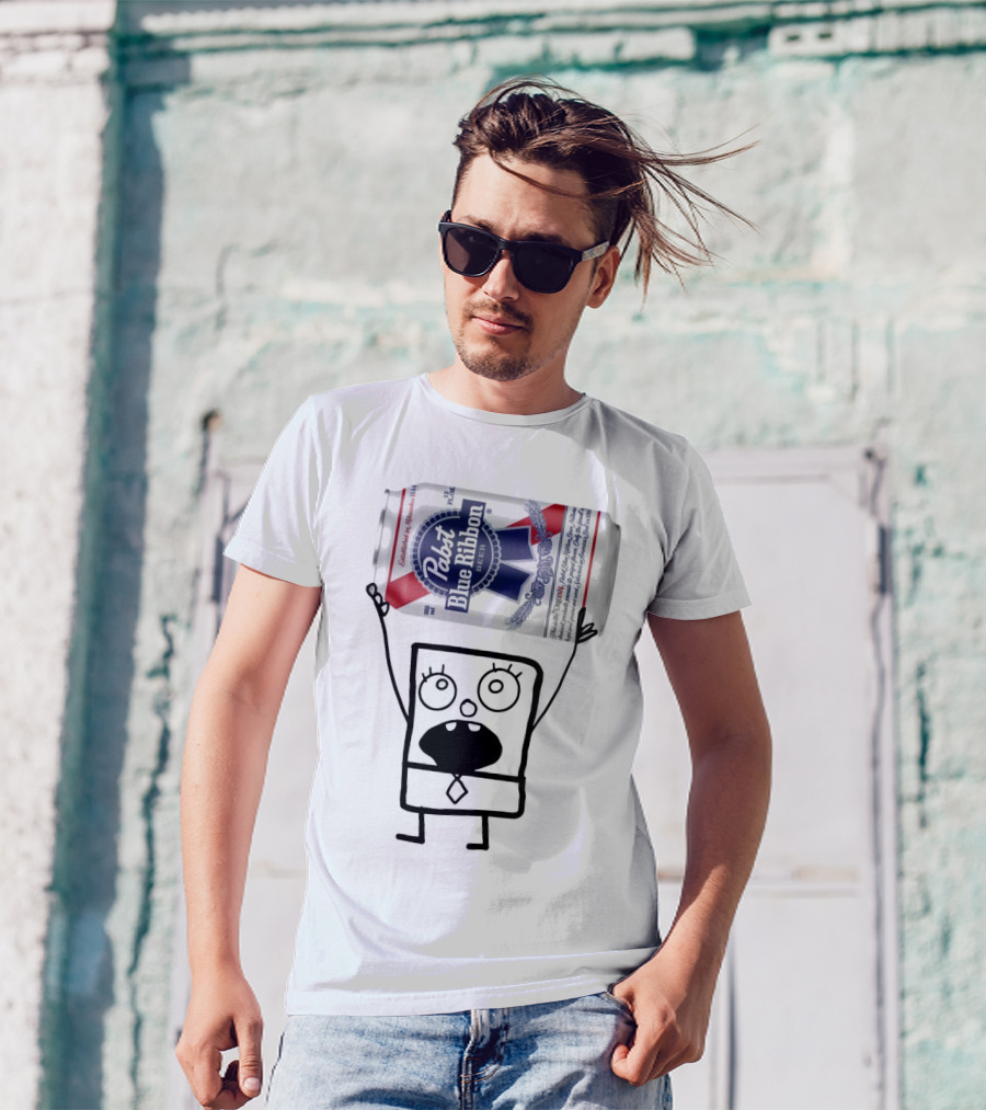 Pabst Blue Ribbon Doodlebob SpongeBob SquarePants Canned Beer Character T-Shirt