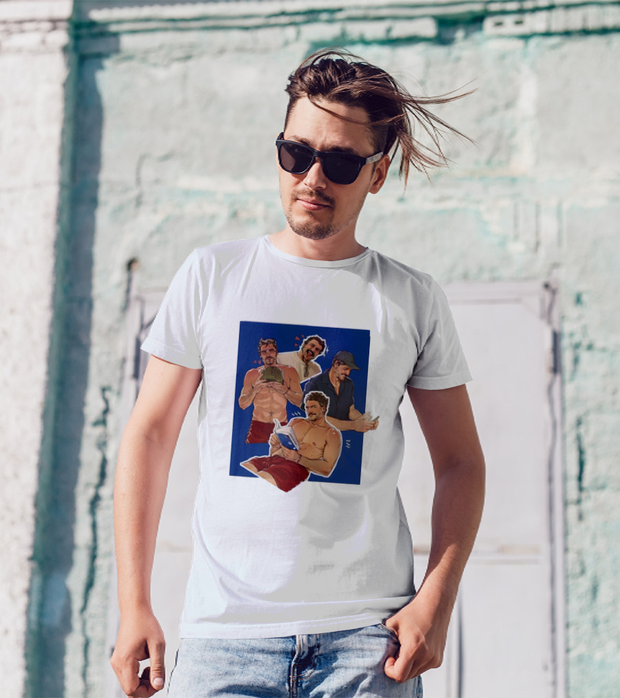 Pedro Pascal Humorous Illustrated Collage Reading And Relaxing Moments T-Shirt