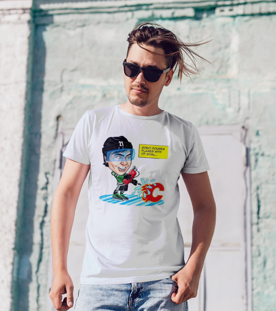 Robo Douses Flames With OT Goal Hockey Player Cartoon Extinguishing Calgary Flame Logo T-Shirt