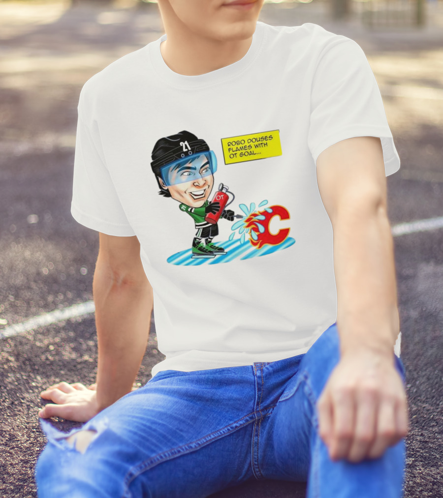 Robo Douses Flames With OT Goal Hockey Player Cartoon Extinguishing Calgary Flame Logo T-Shirt