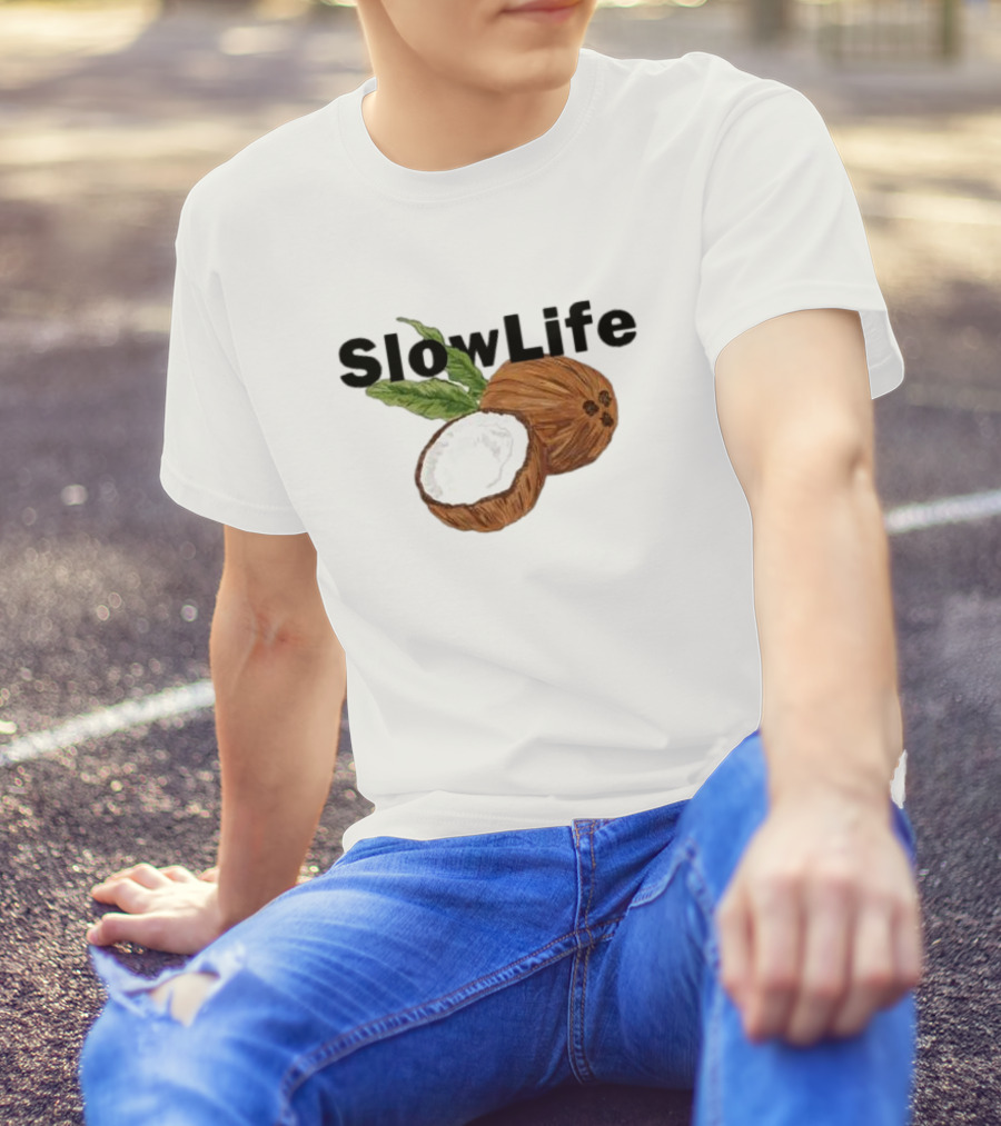 Slow Life Coconut Illustration With Text And Leaves T-Shirt