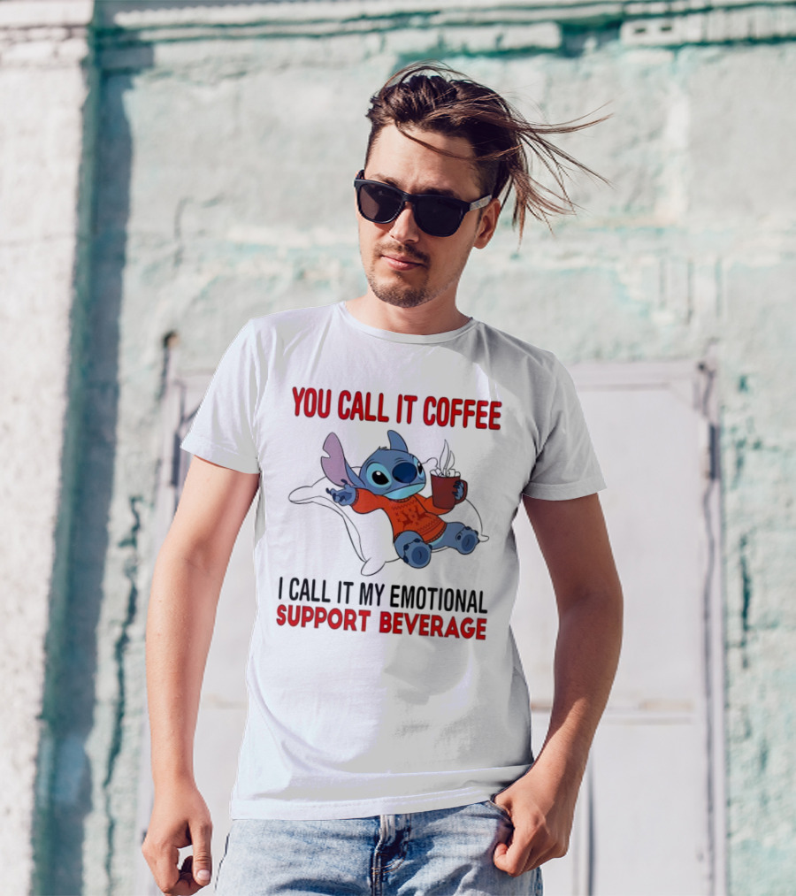 Stitch You Call It Coffee I Call It My Emotional Support Beverage Blue Alien Character With Hot Drink In Red Sweater T-Shirt