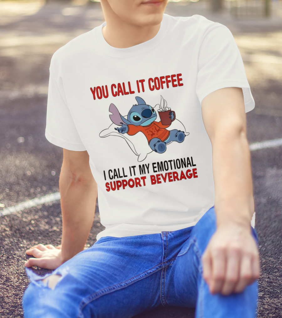 Stitch You Call It Coffee I Call It My Emotional Support Beverage Blue Alien Character With Hot Drink In Red Sweater T-Shirt