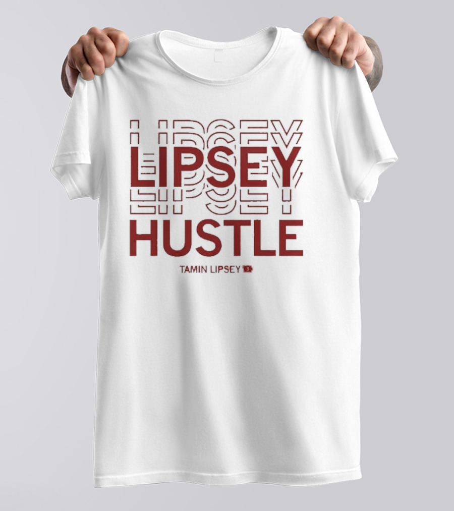 Tamin Lipsey Hustle Repeating Bold Red Text T-Shirt