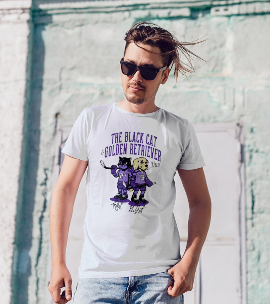 The Black Cat Golden Retriever 27 13 Hockey Duo T-Shirt