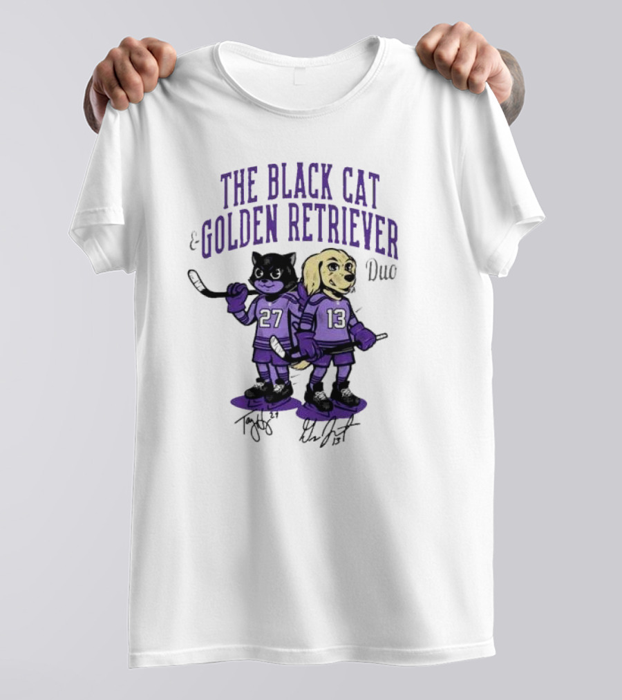 The Black Cat Golden Retriever 27 13 Hockey Duo T-Shirt