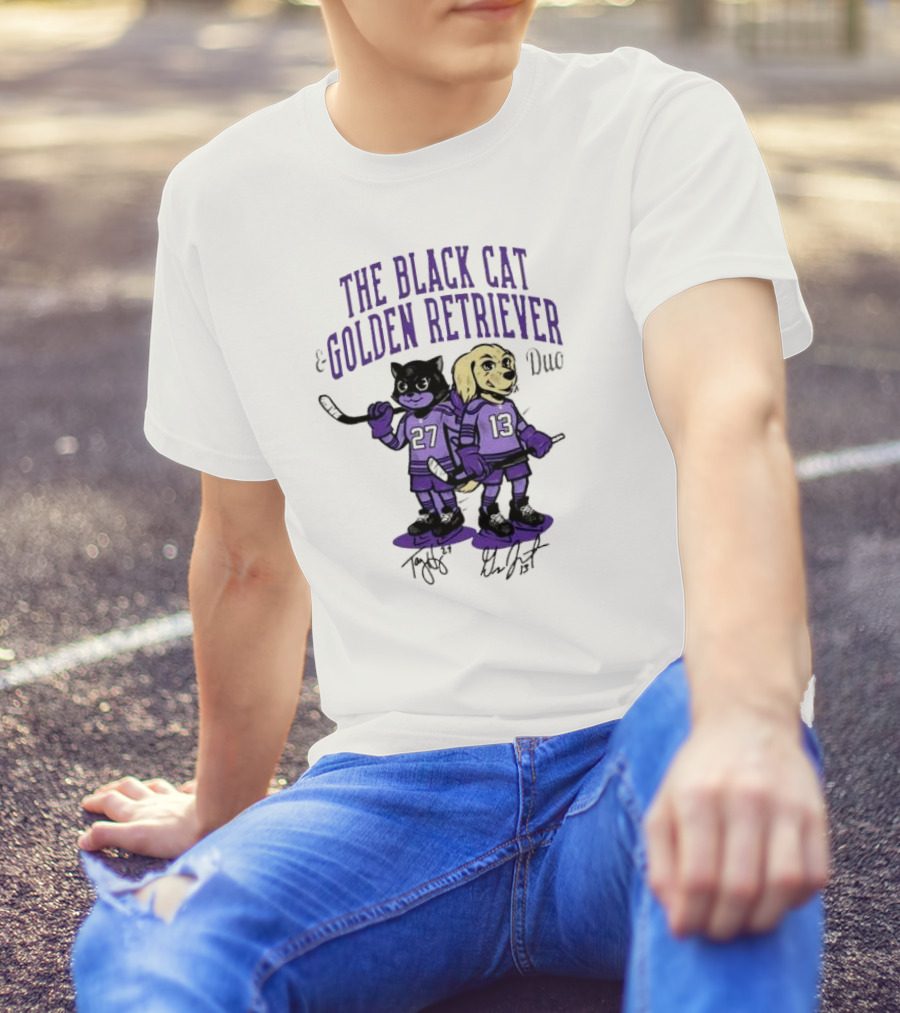 The Black Cat Golden Retriever 27 13 Hockey Duo T-Shirt