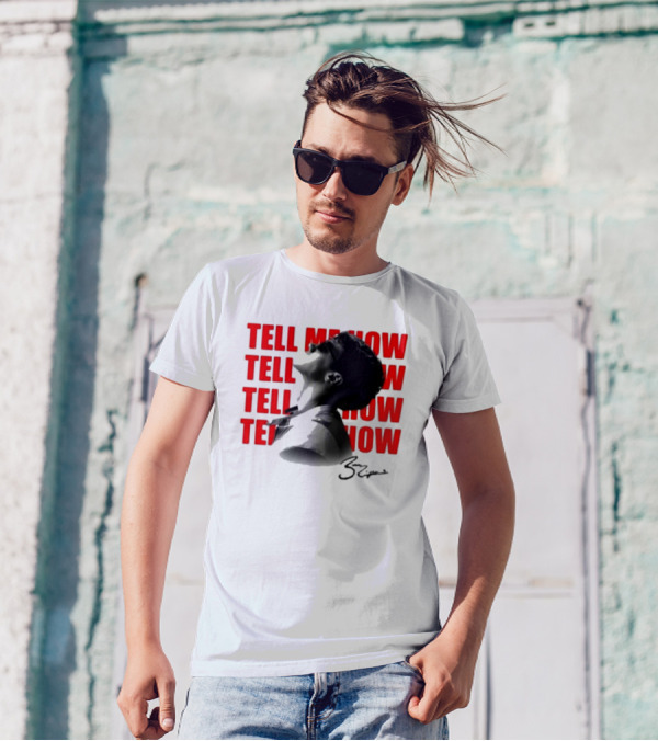 Tell Me How Ben Rodrigues Signature Black And White Artistic Portrait With Repeated Text In Eye-Catching Red Style T-Shirt
