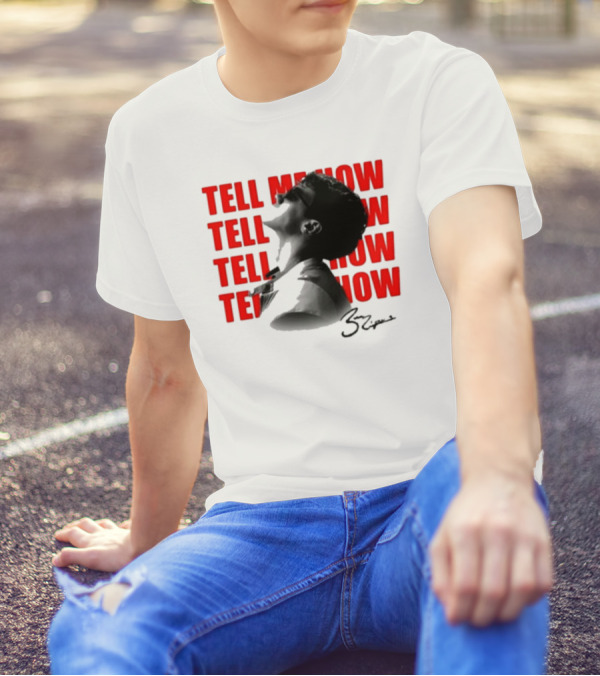 Tell Me How Ben Rodrigues Signature Black And White Artistic Portrait With Repeated Text In Eye-Catching Red Style T-Shirt