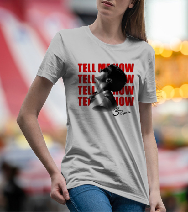 Tell Me How Ben Rodrigues Signature Black And White Artistic Portrait With Repeated Text In Eye-Catching Red Style T-Shirt