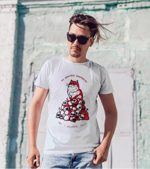 The Darkness Consumes Me Yet I Remain Silly Red Cat Bats Skulls T-Shirt
