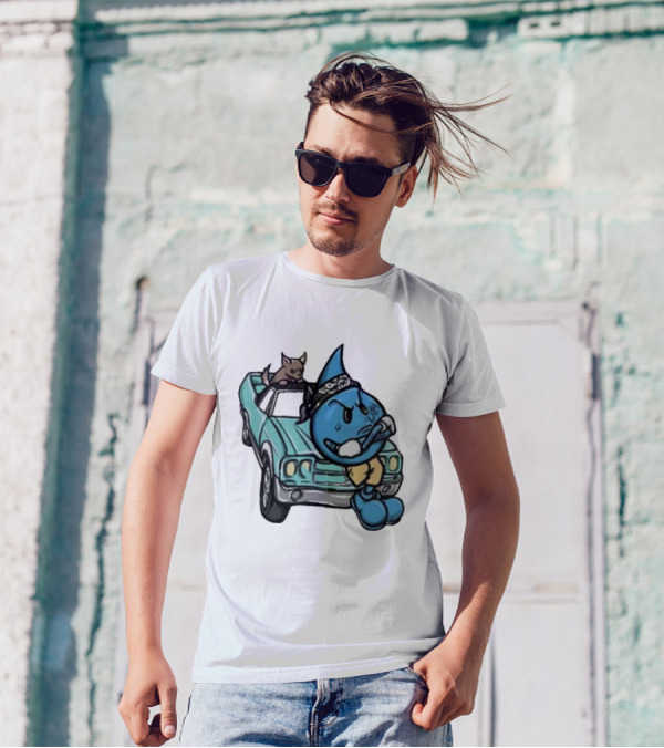 Thornhill Bat White Blue Cartoon Character With Dog In Classic Car T-Shirt