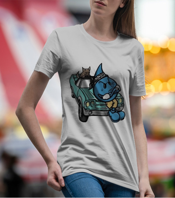 Thornhill Bat White Blue Cartoon Character With Dog In Classic Car T-Shirt