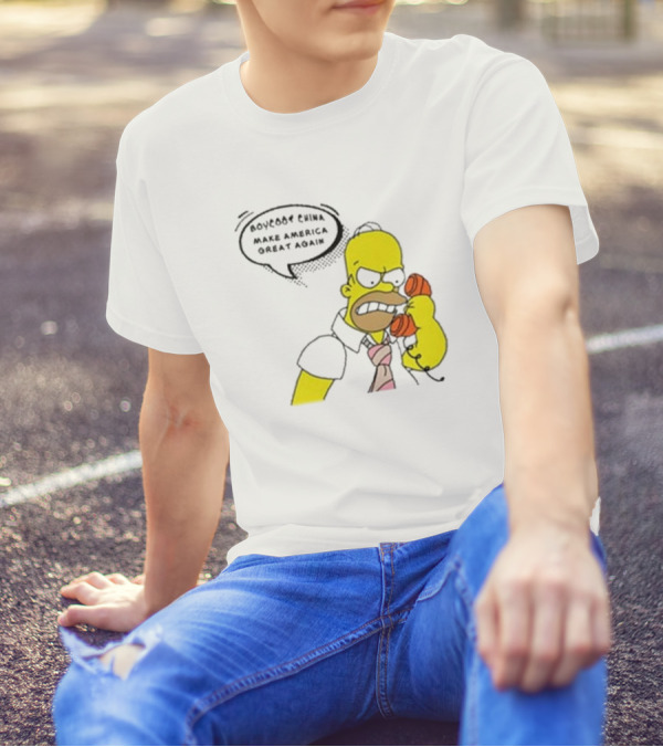 Boycott China Make America Great Again Simpsons Character Holding Phone T-Shirt