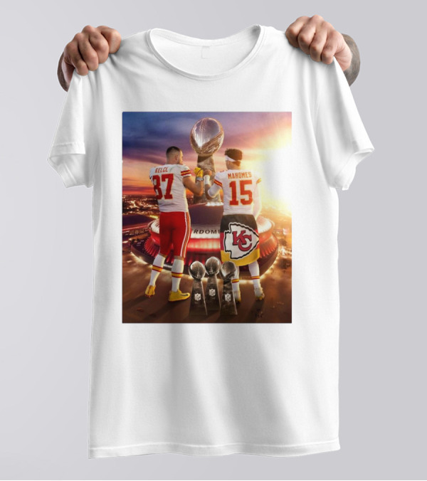 Travis Kelce Patrick Mahomes Kansas City Chiefs 2 Bros Chasing Fourth Title Super Bowl LIX Trophy 87 15 T-Shirt