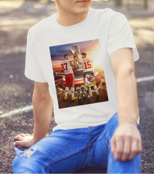 Travis Kelce Patrick Mahomes Kansas City Chiefs 2 Bros Chasing Fourth Title Super Bowl LIX Trophy 87 15 T-Shirt
