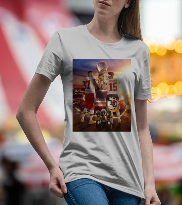 Travis Kelce Patrick Mahomes Kansas City Chiefs 2 Bros Chasing Fourth Title Super Bowl LIX Trophy 87 15 T-Shirt