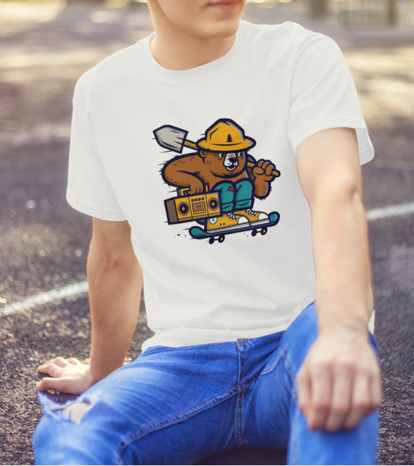 ```Wildfire Relief Bear Skateboarding With Boombox And Shovel``` T-Shirt