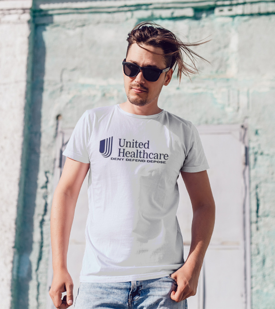 United Healthcare Deny Defend Depose Logo Parody T-Shirt