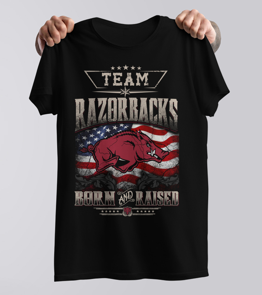 Team Razorbacks Born And Raised American Flag T-Shirt