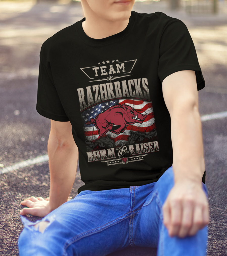Team Razorbacks Born And Raised American Flag T-Shirt