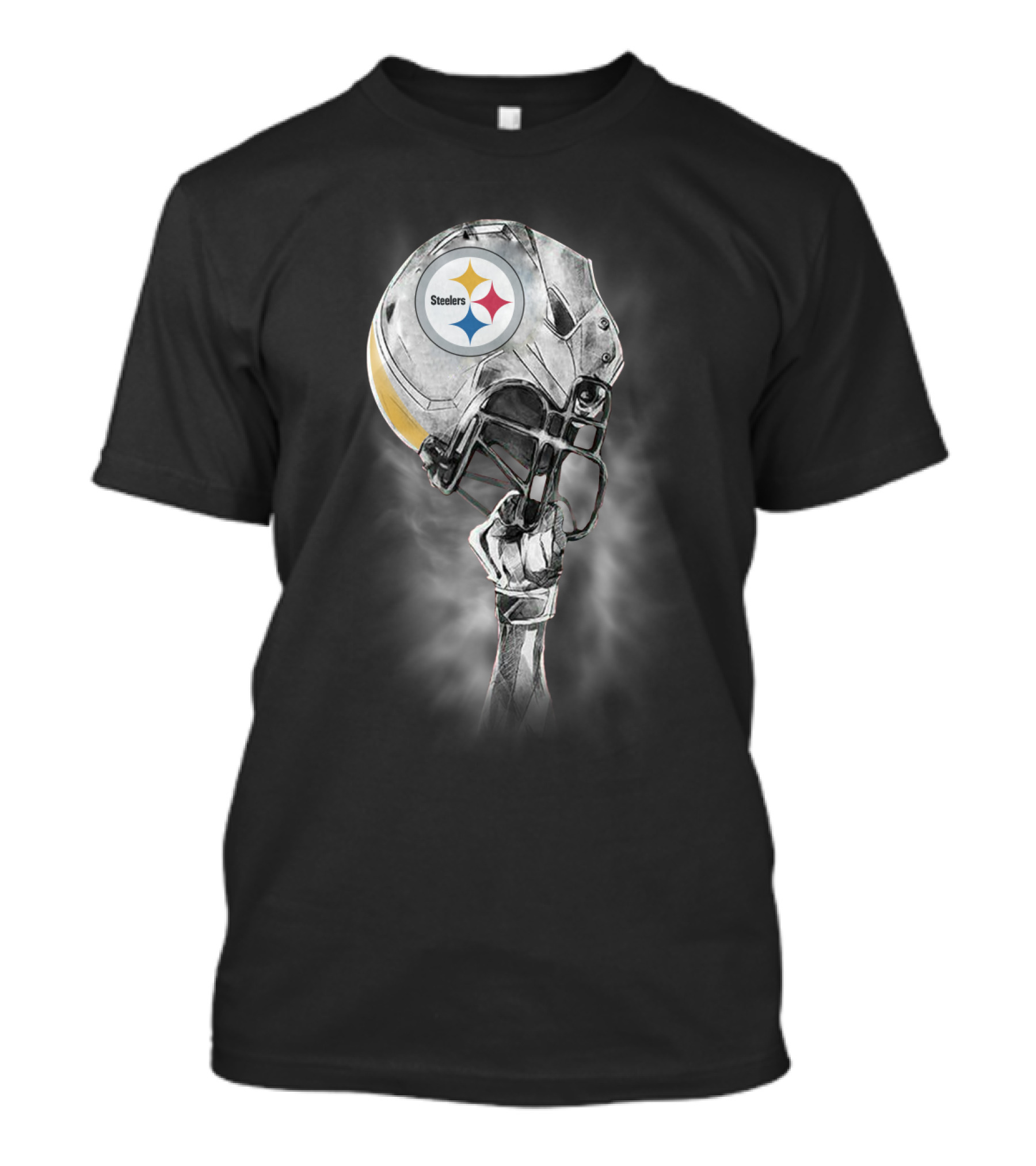 Pittsburgh Steelers Metallic Football Helmet With Steelworker’s Arm Raised High T-Shirt