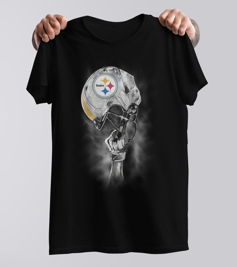 Pittsburgh Steelers Metallic Football Helmet With Steelworker’s Arm Raised High T-Shirt