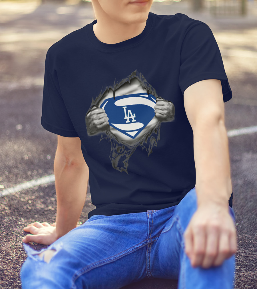 Superman Style Los Angeles Dodgers Logo On Blue T-Shirt
