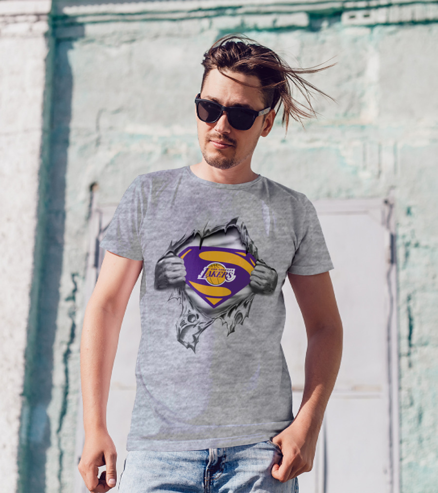 Superman Los Angeles Lakers Basketball Logo Inside Ripped T-Shirt
