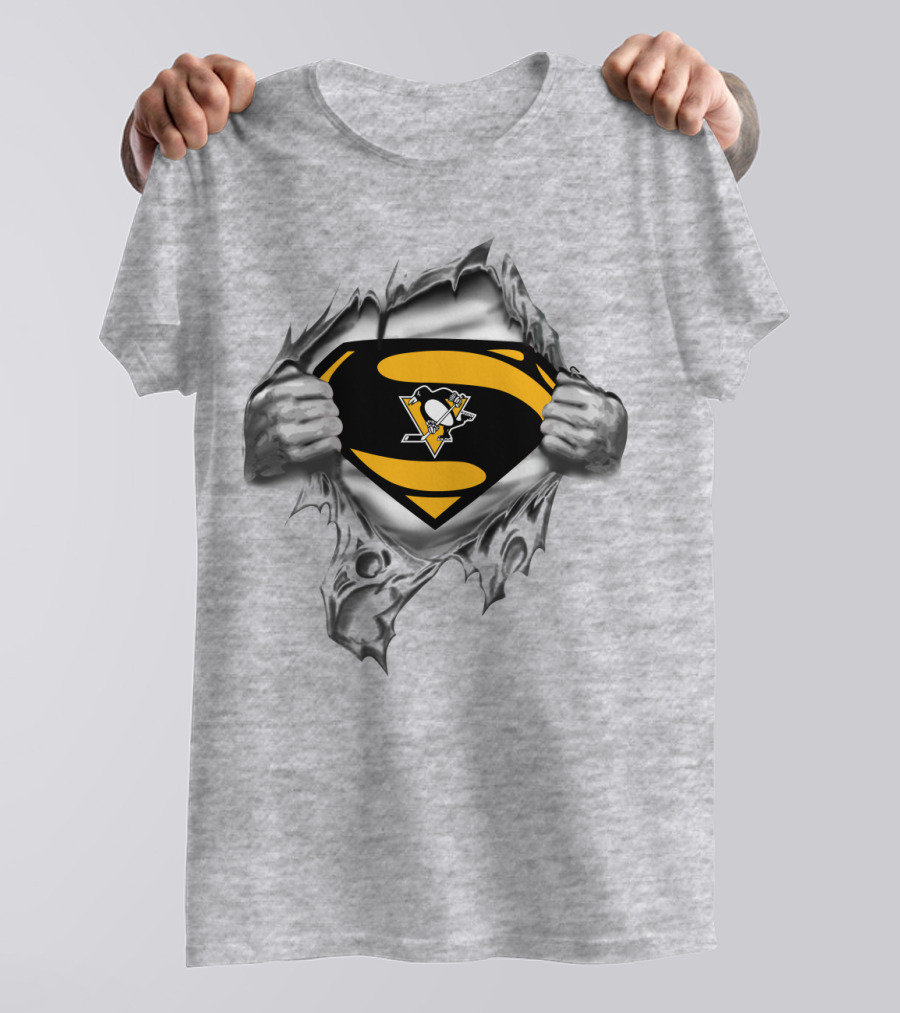 Superman Pittsburgh Penguins Logo Busting Through Silver T-Shirt