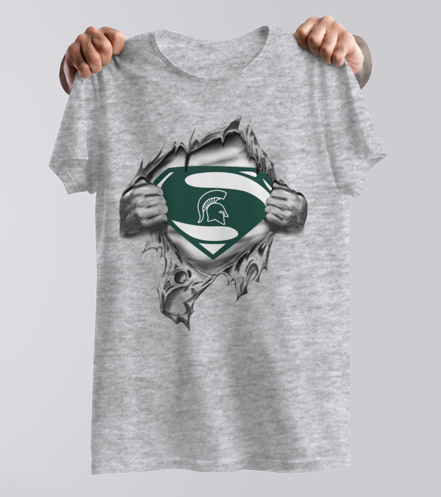 Michigan State Spartans Logo Superman Shield Pulled Open Hands T-Shirt