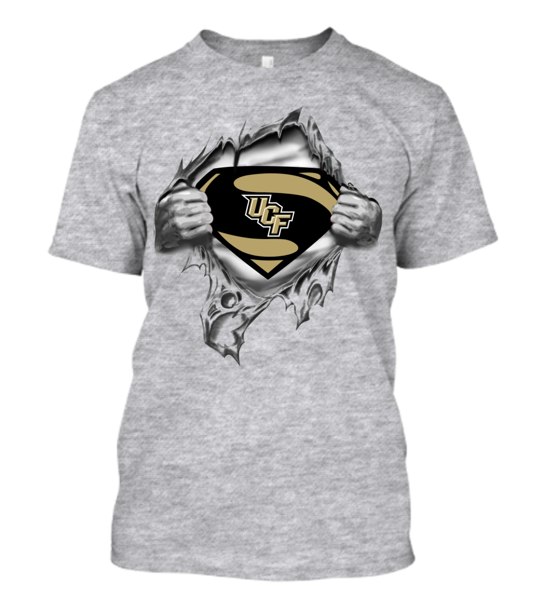 Ucf Knights Superhero Logo Grey Torn Chest T-Shirt