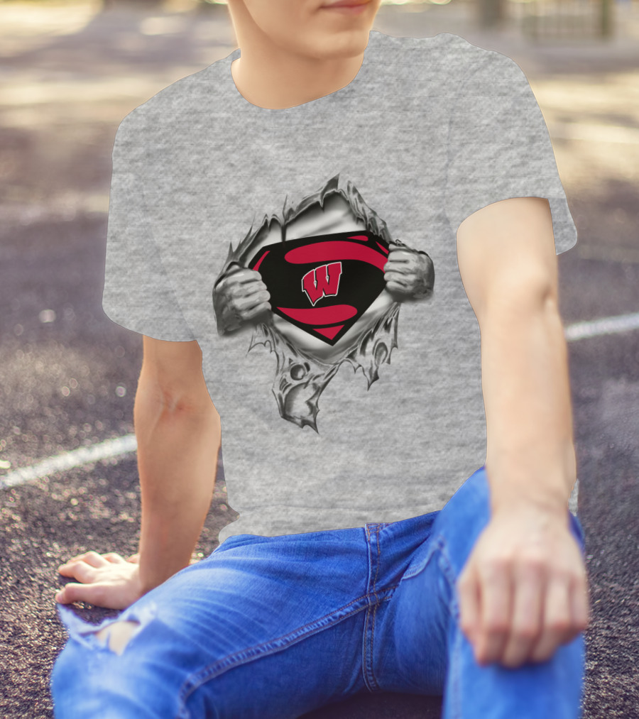 Wisconsin Badgers Superman Logo Ripped Chest T-Shirt
