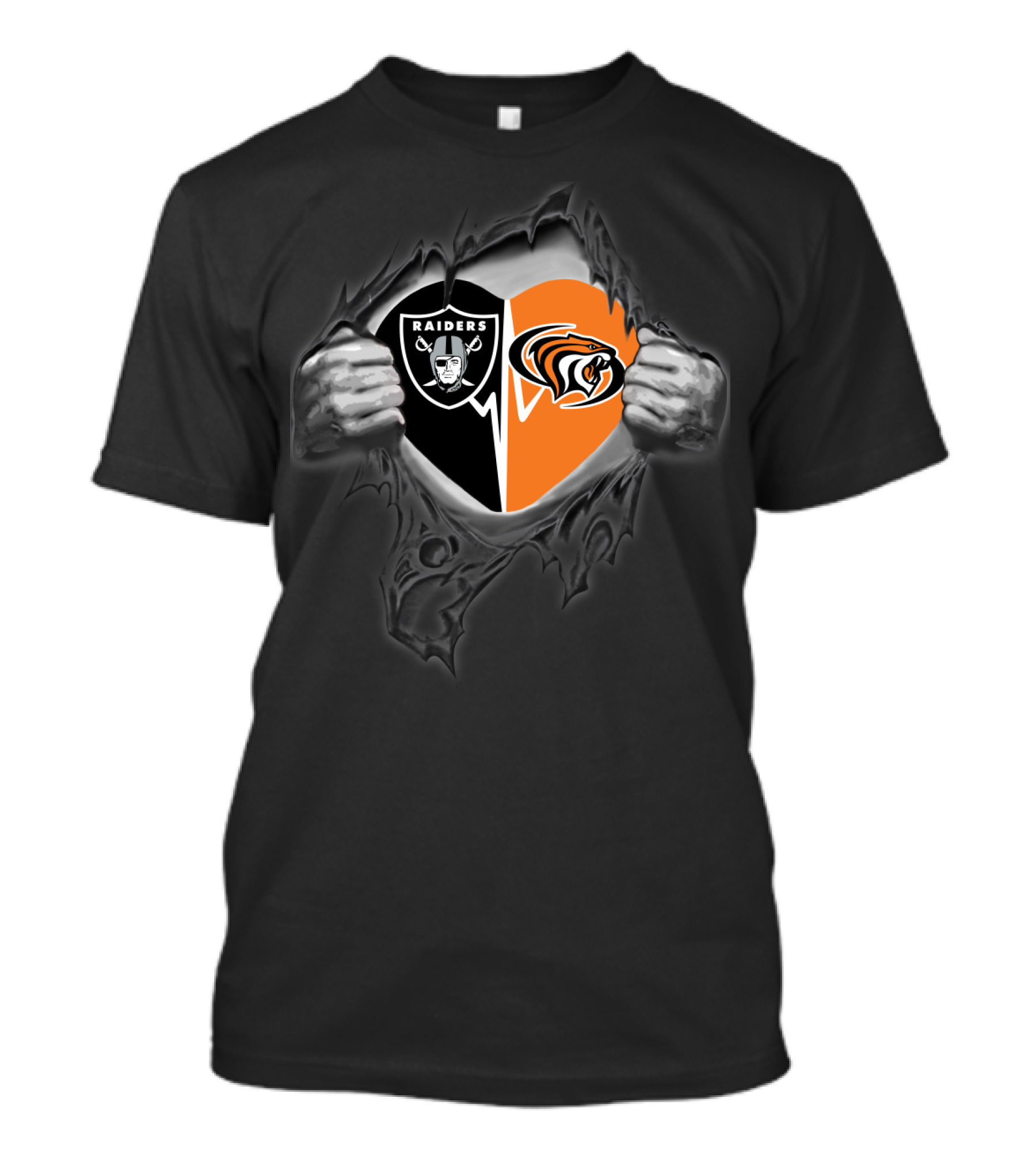Raiders Pacific Tigers Heart Logo Fusion In Torn Fabric Effect T-Shirt