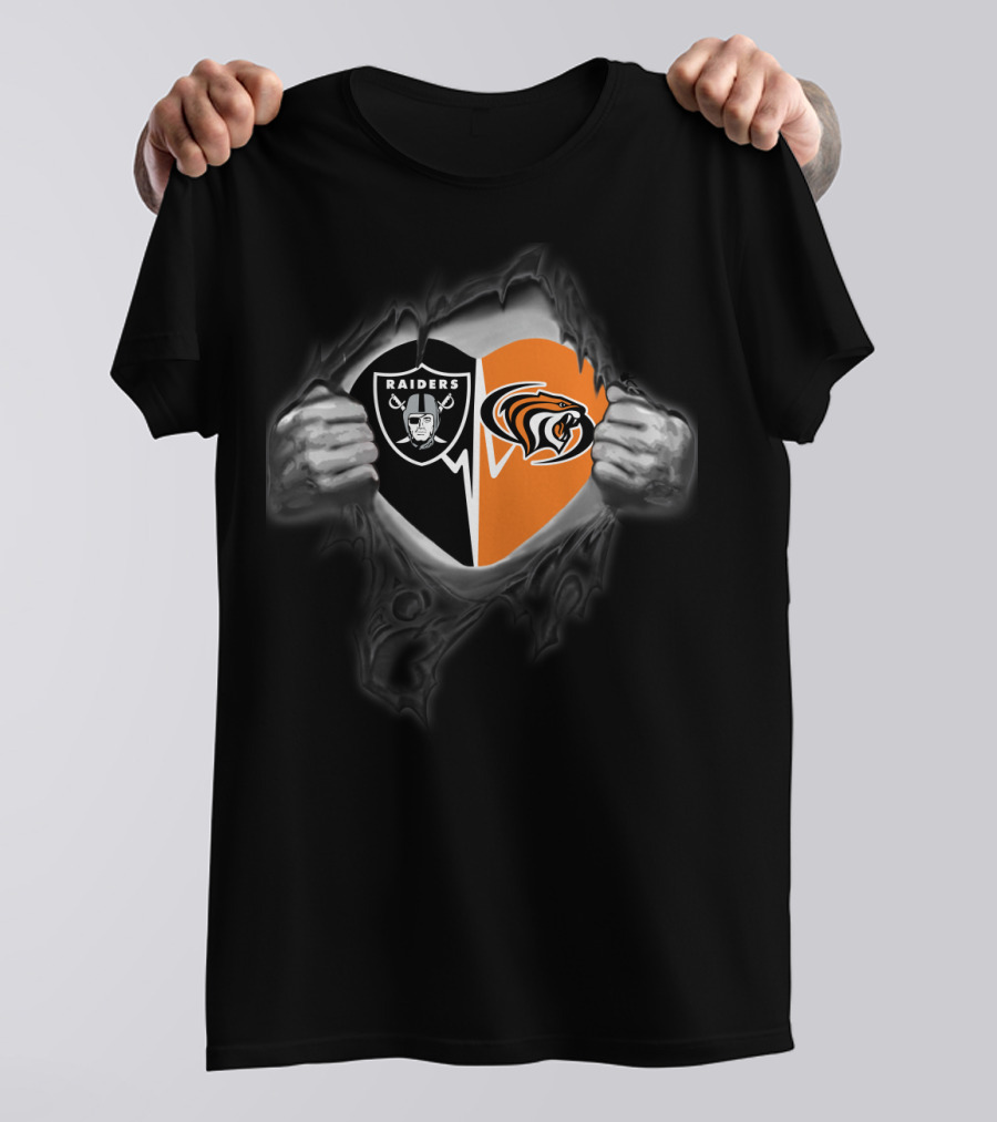 Raiders Pacific Tigers Heart Logo Fusion In Torn Fabric Effect T-Shirt