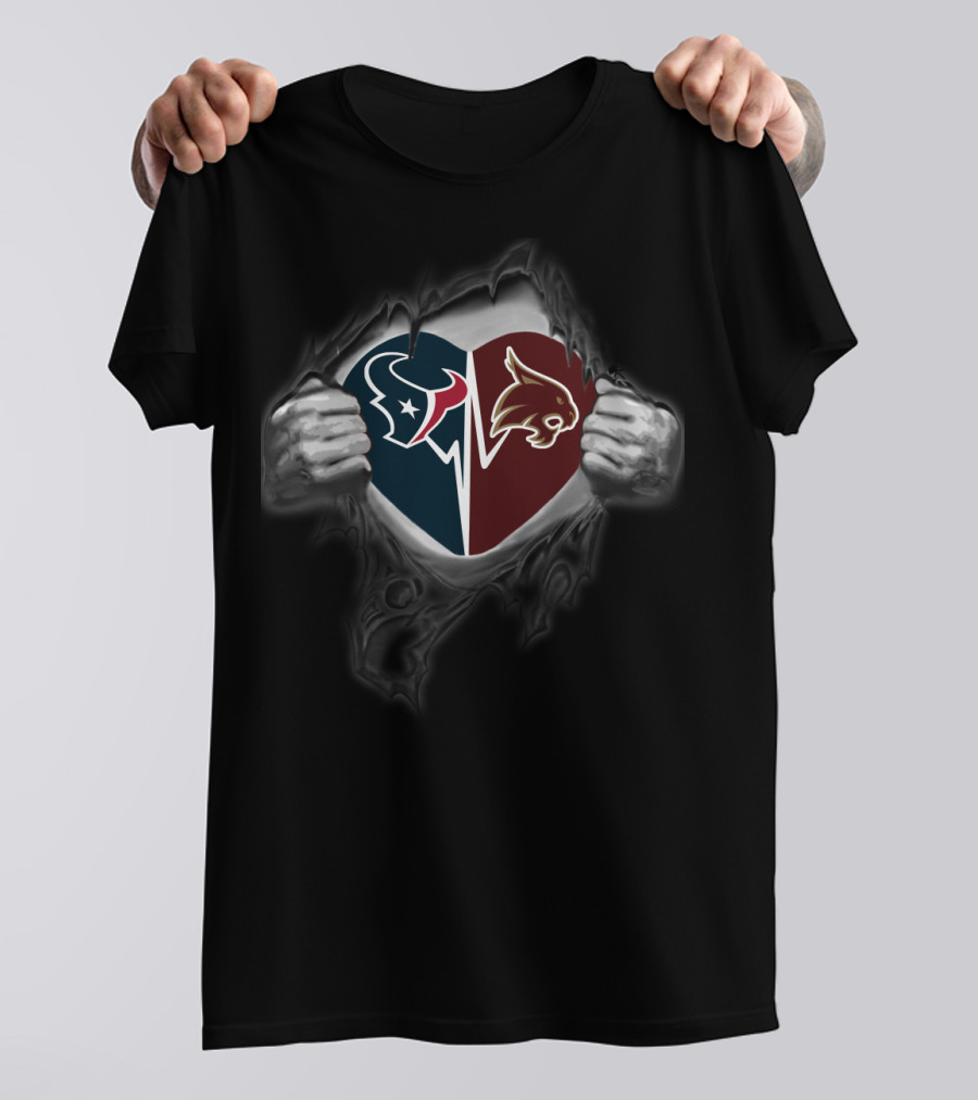 Texans Heart Revealing Texas State Bobcats Split T-Shirt