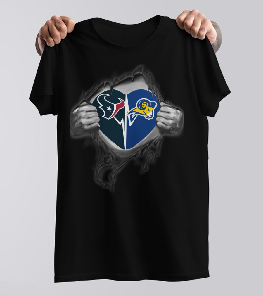 Texans And Texas Wesleyan Rams Logos Inside Heart-Shaped Tear T-Shirt