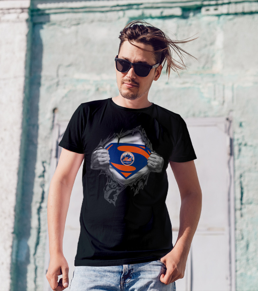 Superman New York Mets Logo Ripped Chest Baseball T-Shirt