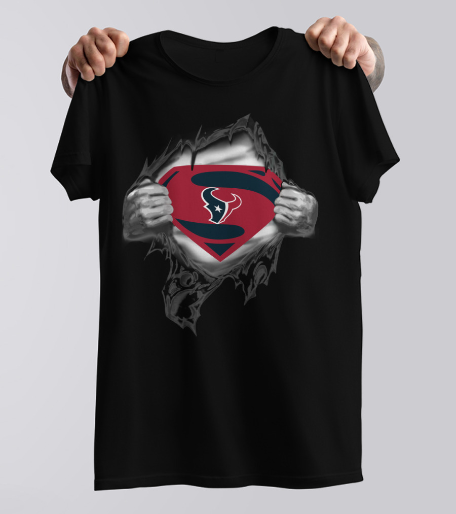 Superman Houston Texans Logo Hidden Beneath Ripped Chest T-Shirt