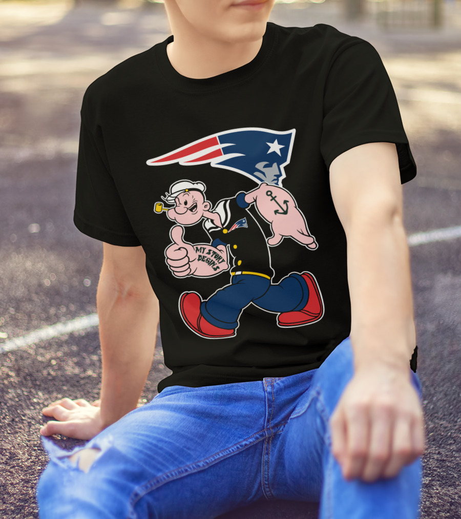 New England Patriots My Story Begins Popeye Navy Sailor Iconic Cartoon Football T-Shirt