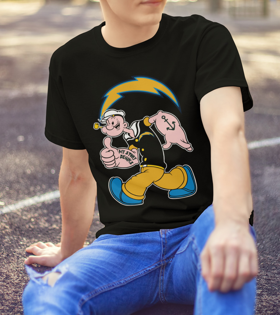 My Story Begins Los Angeles Chargers Popeye Navy Anchor T-Shirt