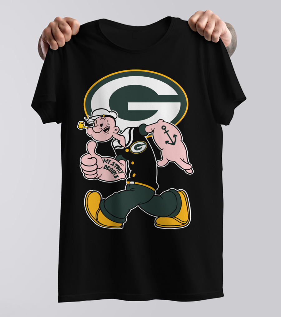 Popeye My Story Begins Green Bay Packers G Logo Anchor Tattoo T-Shirt