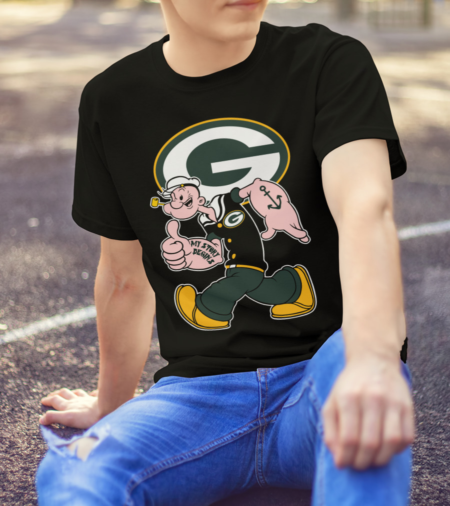Popeye My Story Begins Green Bay Packers G Logo Anchor Tattoo T-Shirt